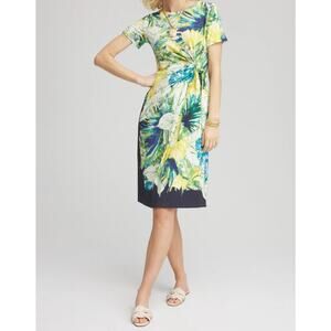 Chico’s Tropical Floral Tie Front Dress Size 3 XL Blue Green Yellow Stretchy